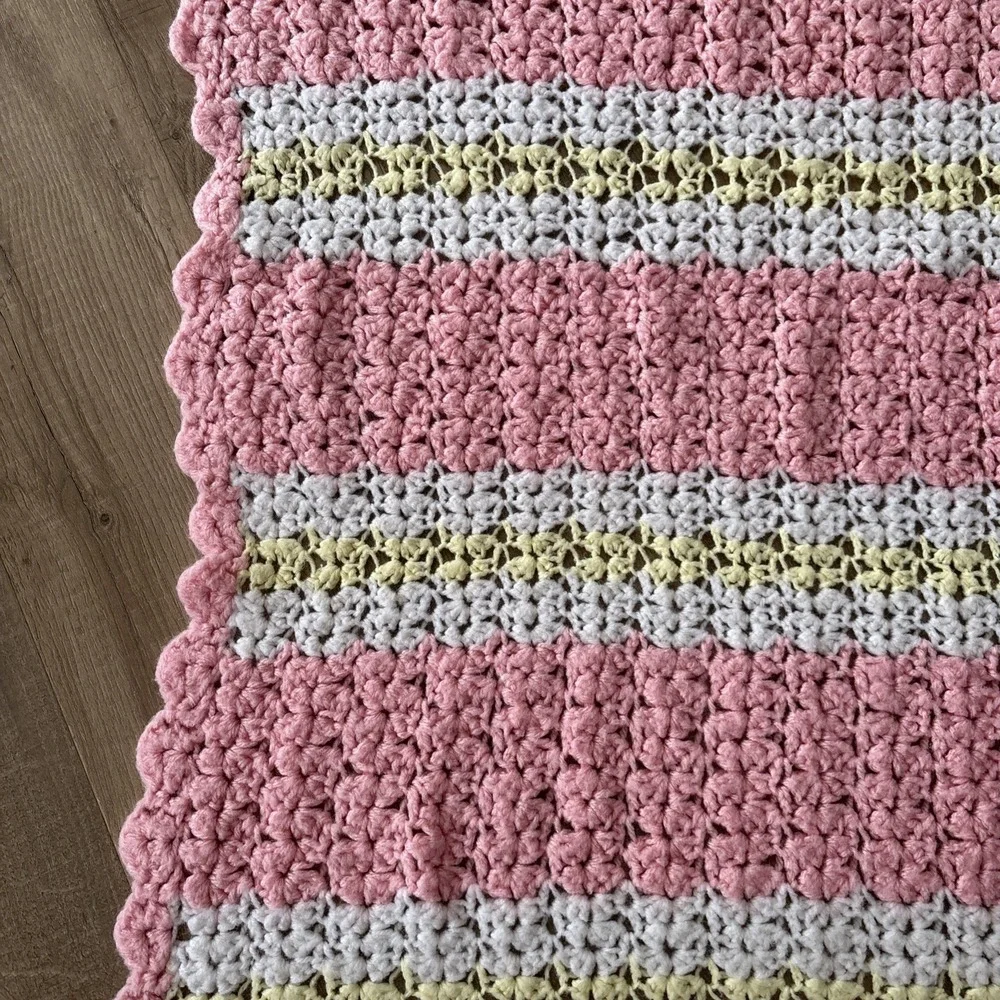 Vintage Crocheted Pink , Yellow & White Baby Blanket  Scalloped Edge